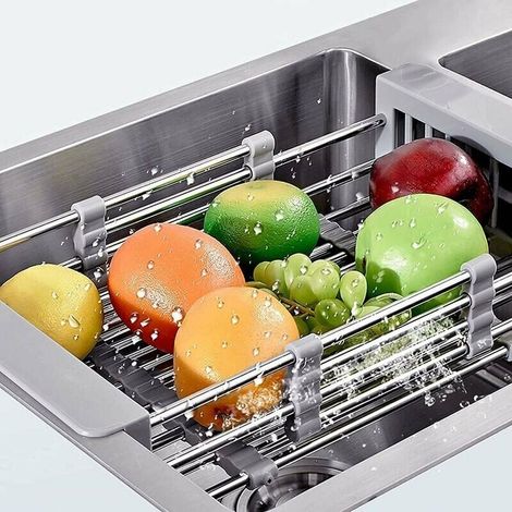 Stainless Steel Telescopic Drain Basket, Sink Adjustable Dish Drainer Extendable Sink Drainer Kitchen Sink Organizer For Vegetable Fruit (1/5)
