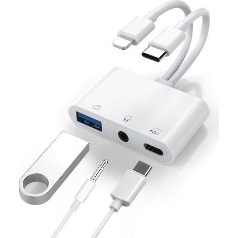 Adaptateur USB C et Lightning vers jack 3,5 mm, adaptateur 3 en 1 pour appareil photo USB OTG et répartiteur de casque auxiliaire, prend en charge la charge/l'audio/le transfert de données pour iPhone (1/5)