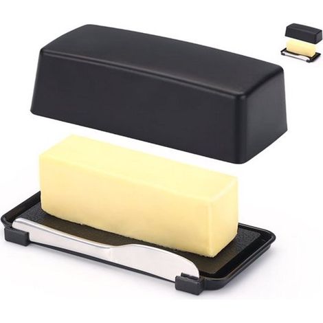 Beurrier avec couvercle - 17,5 x 8,3 x 5 cm - avec couteau en acier inoxydable - Noir - Boîte à fromage - Petit beurrier (1/5)