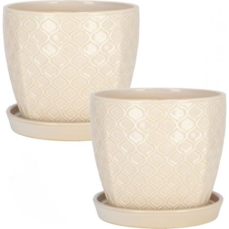 KOTARBAU Lot de 2 pots de fleurs en céramique pour plantes Ø 17 cm Crème Vintage avec bac d'égouttement Motif écailles de poisson (1/5)