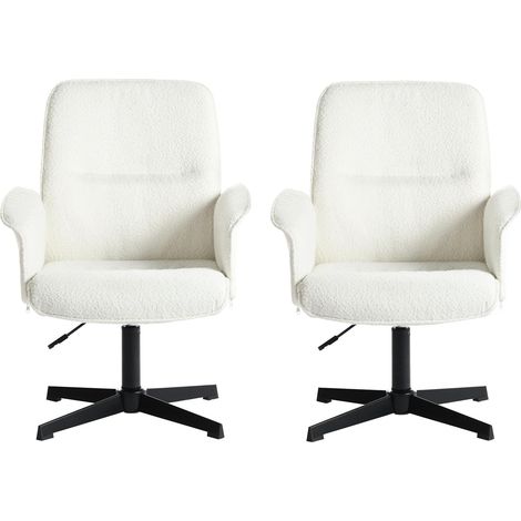 Lot de 2 Fauteuil de Bureau Chaise de Coiffeuse Ergonomique Siège Pivotant Hauteur Réglable avec Accoudoir en Bouclette sans roulettes Jambes Croisées Capacité 120 kg Blanc (1/5)