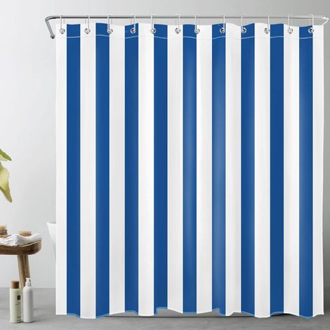 Rayures Bleu Marine Rideaux de Douche 180x200cm Ligne Bleue Blanche Rideaux de Bain avec Crochets, Géométrie Simple Minimaliste Extra Longue Imperméable Polyester Anti Moule Salle de Bain Décor (1/4)