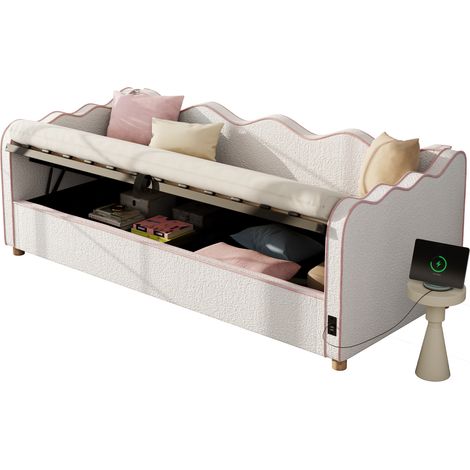 Lit de jour enfant 90 x 200 cm bouclé  en tissu beige avec rangement hydraulique et prises USB, dossier sécurisé (1/5)