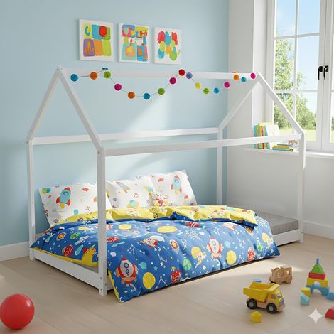 Lit cabane PANDA 90x200 + 1 sommier / Blanc/ L205xl97xH135 cm