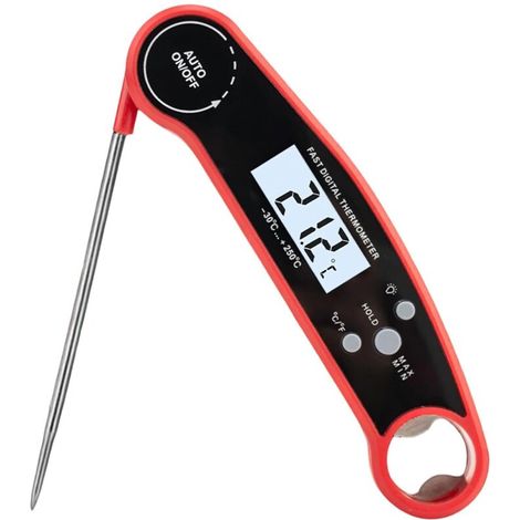 Thermometre Cuisine- Thermometre Cuisson, Sonde Cuisson Spécial Viande, Barbecue, BBQ et Aliments - Écran LCD Clair - Fonction Allumage/Extinction Automatique - Couleur Rouge (1/4)