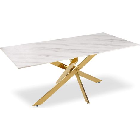 Table à Manger en Verre Effet Marbre Blanc – Table Design 6 à 8 Personnes avec Pieds Métal Doré – L180 x P90 x H75 cm (1/4)