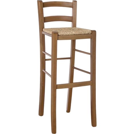 Sgabello in legno H 80 cm noce chiaro con schienale e seduta in paglia (1/5)