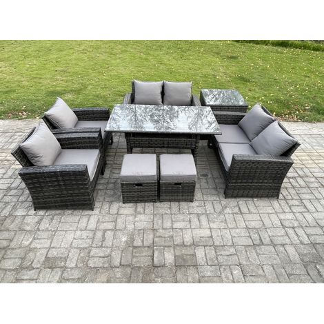 Fimous Ensemble de meubles de jardin en rotin  8 places avec Table à manger oblongue DoppelsitzCanapé Table d'appoint 2 Petits repose-pieds Gris foncé mélangé (1/5)
