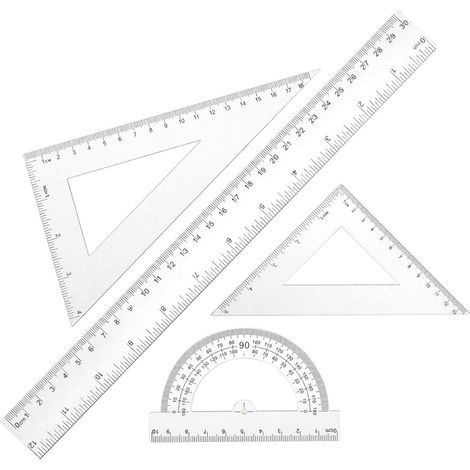 Ruler - 30 Cm Straight Ruler - 18 Cm Rectangular Protractor - 13 Cm Isosceles Triangle Ruler - 10 Cm Protractor - Transparent Plastic - 4 Pcs