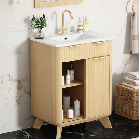Mobile bagno con lavabo 61 cm in MDF e ceramica, effetto onde, legno naturale (1/5)