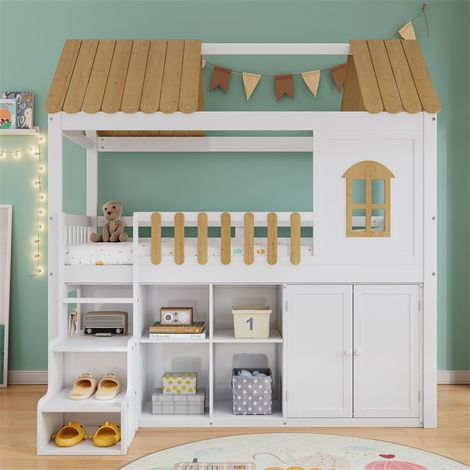 Fortuna Lai – Lit superposé 90x200cm en bois avec fenêtre – Chambre d'enfant complète – Rangements intégrés – Balustrade et escaliers de rangement – Blanc + naturel (1/5)