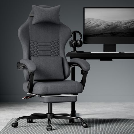 Sedia da gaming in tessuto, schienale reclinabile 90°/105°/135°, poggiapiedi, nera HAVRYA (1/3)