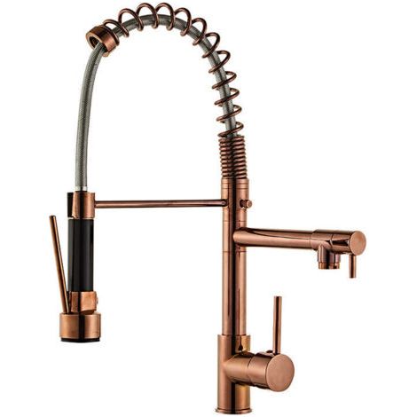 Robinet de cuisine à ressort monobloc à double évier avec douchette (poignée noire en or rose) (1/5)