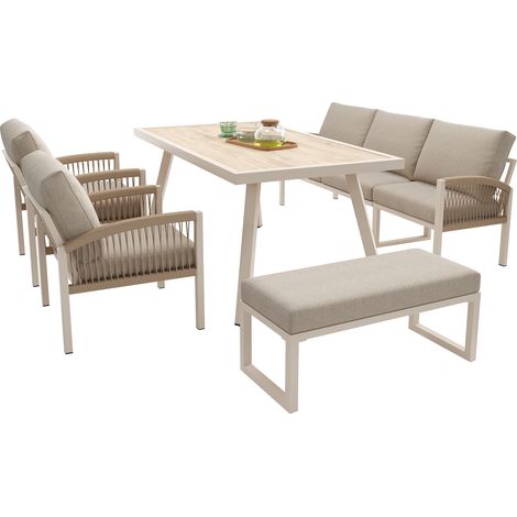 ELVMI Salotto da Giardino con 1 Divano, 2 Poltrone, 1 Panca e 1 Tavolino, Ferro, Beige (1/4)
