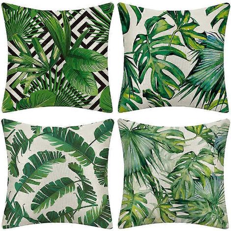 Lot de 4 housses de coussin d'extérieur imperméables à motif de plantes tropicales vertes (45 x 45 cm - Plantes tropicales 01) pour canapé, terrasse, jardin, salon ou chambre. (1/5)