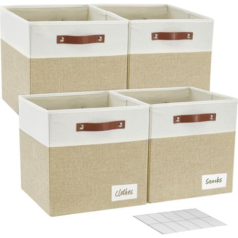 Boîtes de Rangement Cubiques Pliables en Tissu, 33 x 33 x 33 cm, Lot de 4 2 Poignées Renforcées en PU, Porte-étiquettes, Grands Bacs de Rangement pour Placard, Étagères, Salon, Beige et Blanc (1/5)