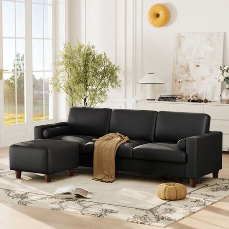 Luxuriöses Dreisitzer-Sofa aus Kunstleder mit beweglichem Hocker, Holzrahmen, wasserdicht und pflegeleicht, für Wohnzimmer, 234x155x88cm, Schwarz