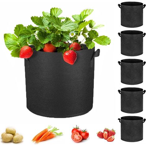 Lot de 6 sacs de plantation 25x22 cm, pots en tissu 11L, non-tissé noir avec poignées, réutilisables pour pommes de terre, tomates e (1/5)
