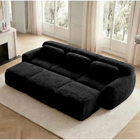 Sofá modular cloud sin estructura de tejido peluche negro con 3 otomanas, OKWISH (1/5)