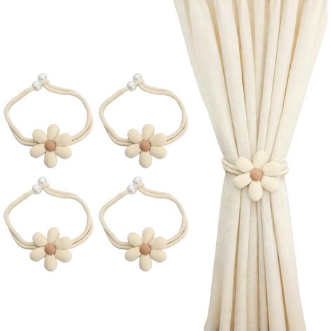 4 Pièces Embrasse pour Rideaux, Embrasse Rideau avec des Fleurs, Corde Tressée en Coton Attache Rideau, Convient pour La Décoration dans Le Salon, La Chambre, Le Bureau, Etc(Blanc Cassé) (1/5)