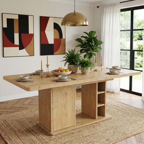 Table à manger extensible 140/180x80 cm, 6-8, rangement placard et niches, plateau épais 3 cm, style scandinave, chêne (1/5)