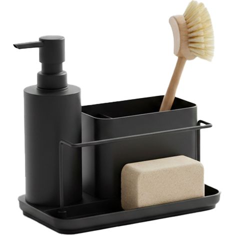 Relaxdays organiseur d'évier avec distributeur et porte-éponge, 19 x 21 x 12 cm, fer, noir (1/5)