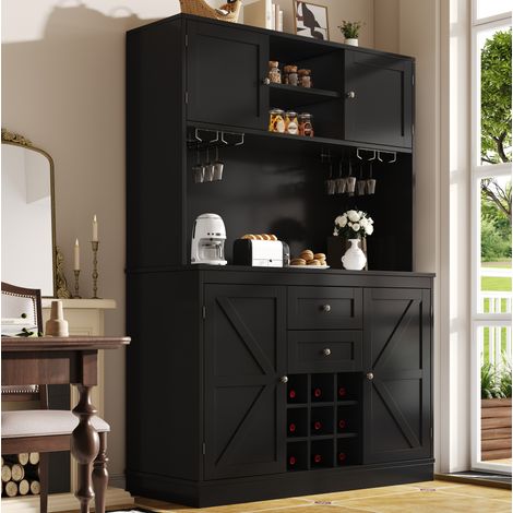 Küchenschrank mit verstellbaren Ablagen & Weinregal, Hochschrank Küchenbuffet mit 4 Türen & 2 Schubladen, Sideboard für Küche & Wohnzimmer, Buffetschrank, Schwarz (1/5)