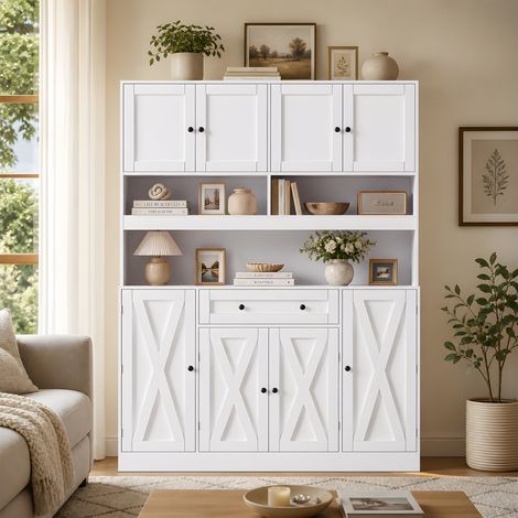 Küchenbuffet mit Arbeitsplatte und Stromanschluss, 140 x 40 x 185 cm, MDF Creme (1/5)