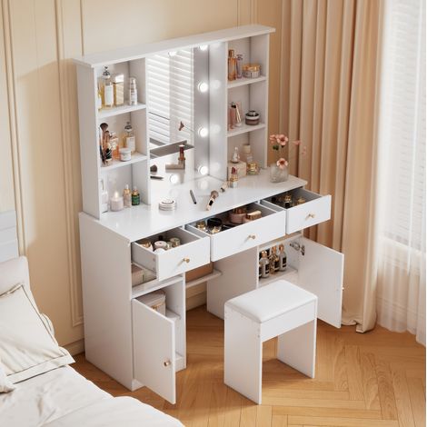 Tavolo trucco 110/40/151 cm bianco con specchio, LED regolabile e ampio spazio (1/5)