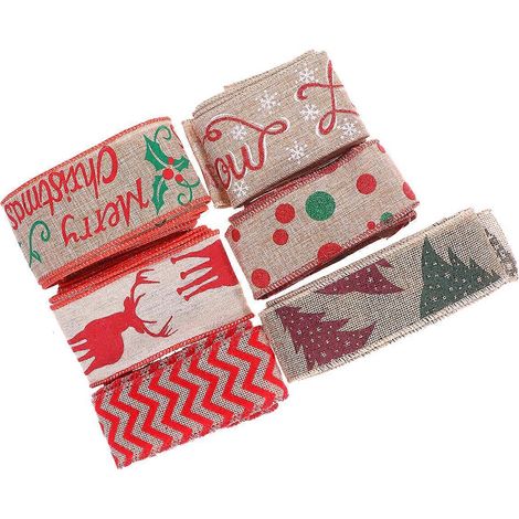 Lot de 7 rouleaux de toile de jute de Noël, ruban de jute imprimé de jolis dessins animés (assortiment)-2m (1/3)