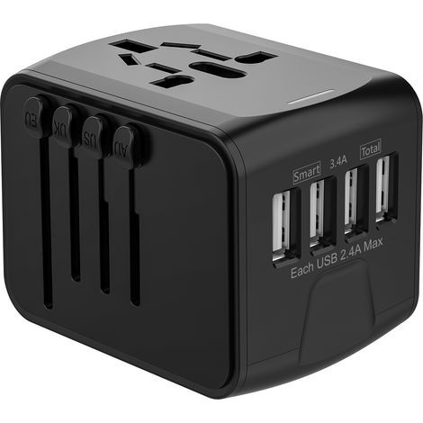 Adaptateur Voyage, Adaptateur Prise Universelle 4 Ports USB & Prise AC, Adaptateur Prise France vers USA UK Allemagne Thaïlande Italie Australie Chine Japon, noir (1/5)
