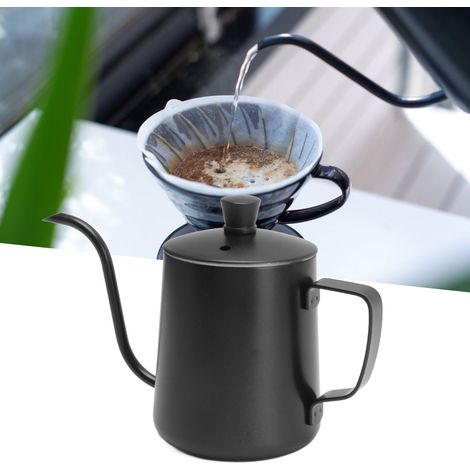 Bouilloire à filtre en acier inoxydable 304, bec verseur étroit, tasse à café à filtre domestique, 350 ml, noire avec couvercle (1/5)