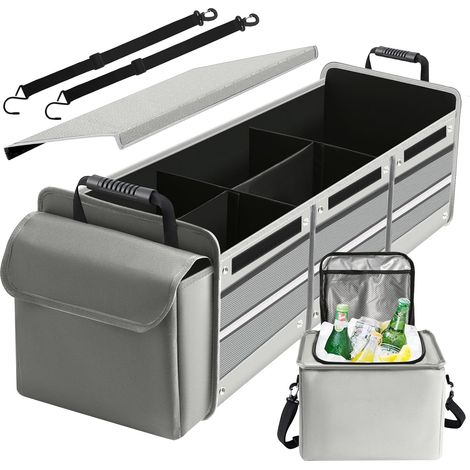 Organisateur de coffre de voiture pliable et robuste de 115 L avec sac isotherme étanche et couvercle - 3 compartiments, pneus inclus - Pour voiture, SUV, Jeep, berline - Gris (1/3)