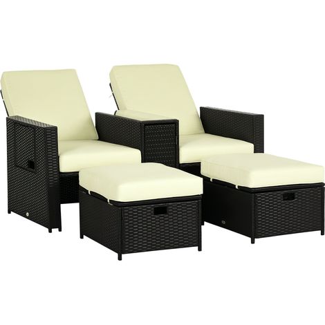Outsunny 5PC PE Rattan Sun Lounger, Outdoor Wicker 5-level Adjustable Recliner Sofa Bed with Storage Side Table and Footstools, for Patio, Garden, Poolside, Black