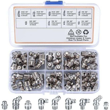 60 Pièces graisseur a Visser, Assortiment Graisseur M6 M8 M10, Droit Graisse Raccord 45° 90° 180°, avec Boîte en Plastique, pour Équipement Mécanique, Embout de Graissage Fixations (1/4)