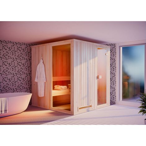 Sauna traditionnel intérieur 194 x 144 cm – Épaisseur de paroi 72 mm – 2 bancs en tilleul massif – Porte vitrée en verre trempé – Finntherm (1/5)