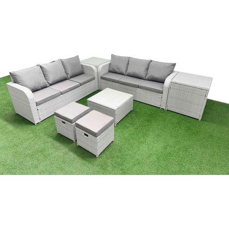 Fimous Outdoor Garden Furniture Sets 8 Seater Wicker Rattan Furniture Sofa Sets with Square Coffee Table high Back Lounge Sofa Stools 2 Side Table Light Grey (1/4)