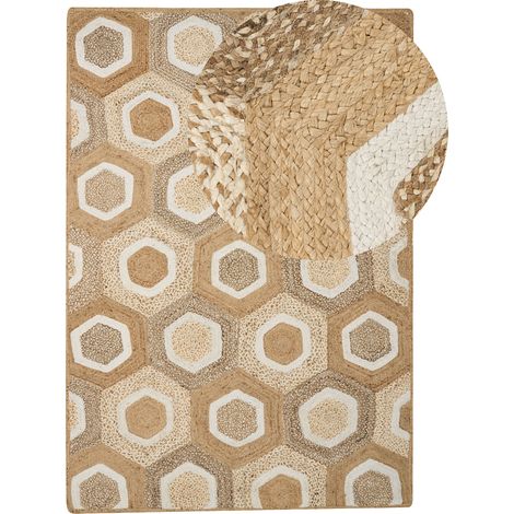 Alfombra de yute natural trenzado estilo boho patrón geométrico verde y beige 160 x 230 cm Basoren