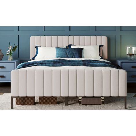 Lit simple rembourré avec sommier à lattes et tête de lit réglable, en tissu de lin gris-beige — Idéal pour une chambre d'enfant ou une chambre d'amis.