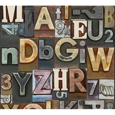 Papier peint bande décorative motif lettre & chiffre Tapisserie gris & marron avec écritures pour chambre Papier peint salon original (1/2)
