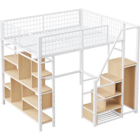Lit mezzanine multifonctionnel 140 x 200 cm, lit en métal avec rangement, étagères et escalier, pour adultes et enfants, blanc, ancienne SKU LDB00273AAK (1/5)