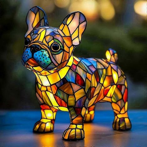 Luminaire de table LED en résine avec chien en verre teinté - Lampe décorative pour amoureux de Carlin et Corgi, cadeau original pour animalier, style artistique (1/5)