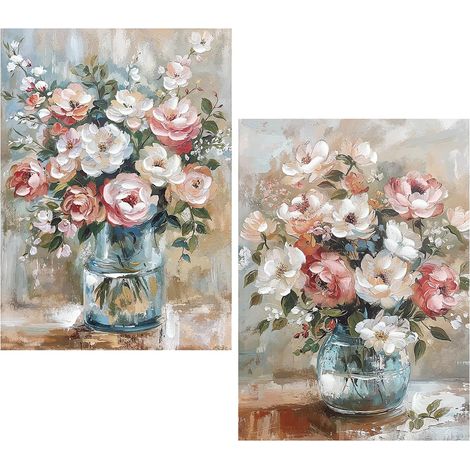 Tableau sur toile Vase avec fleurs peint Amain en blanc, rose et bleu 50 x 3 x 70 cm