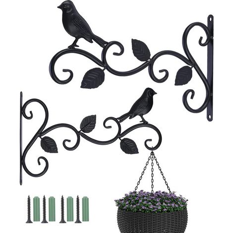 Lot de 2 crochets muraux pour plantes en métal, 25 x 15,7 cm, design vintage oiseaux, pour paniers de fleurs, lanternes et mangeoires à oiseaux, avec vis, noir (1/5)