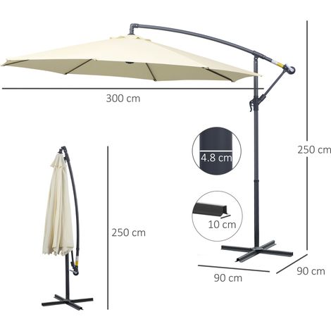 Parasol excentrique (à pied en croix), en métal et polyester, 3 x 2,5 m, beige (1/5)