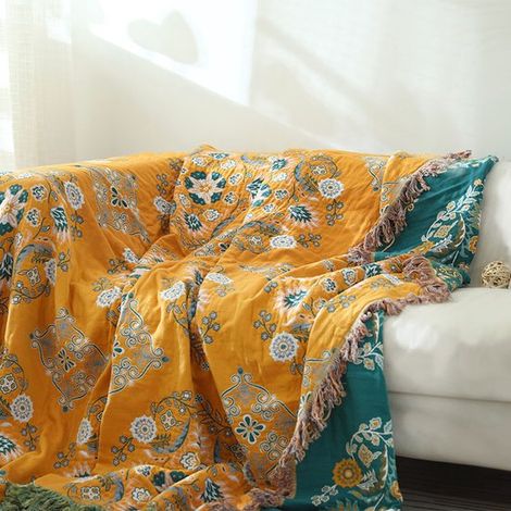 Couverture tissée 100 % pur coton, avec pompons, dimensions 230 cm x 250 cm, jaune. Belle et confortable, elle peut servir de couverture pour canapé/fauteuil, de couverture double face ou de couvre-li