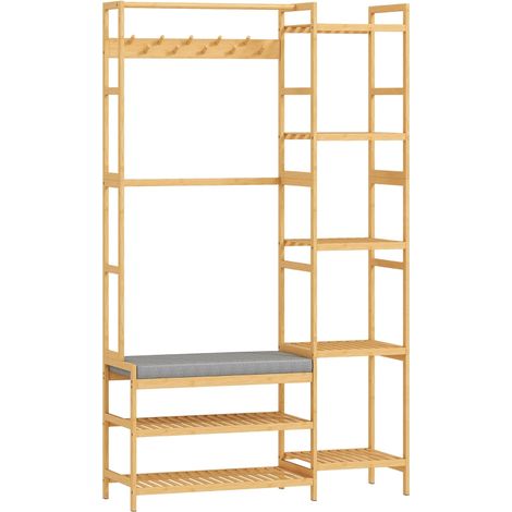 Porte-manteau avec, porte-manteau, porte-manteaux, banc avec coussins, pour couloir, entrée, bois naturel