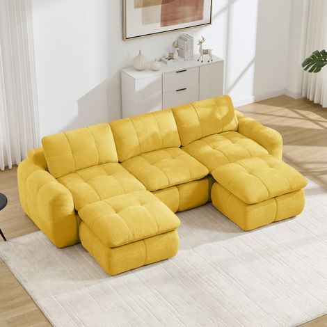 Divano modulare a U 264/160 cm giallo in ciniglia con 2 pouf, senza montaggio (1/5)