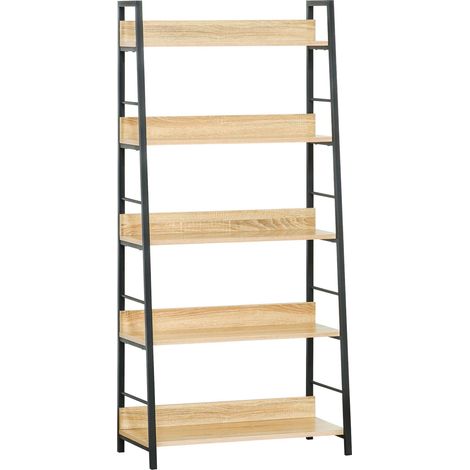 Étagère bibliothèque Style Industriel incliné 5 Niveaux 70L x 35l x 150H cm Coloris chêne Clair Noir
