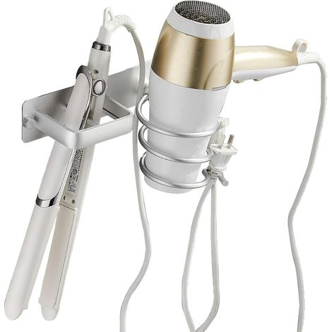 Porte Sèche Cheveux, Support de Lisseur avec Range-Câbles, Support Mural en Métal pour Ranger Le sèche-Cheveux, Le lisseur, Les brosses à Cheveux et Plus(Blanche) (1/5)